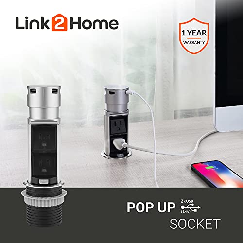 Link 2 Home Space Saver Pop Up Outlet Station with USB, 2 Power Outlets 15A, 2 USB Ports 2.4A Fast Charge Splash Resistant, Stainless-Steel Finish, for Kitchen Island, Office Table and Workshop