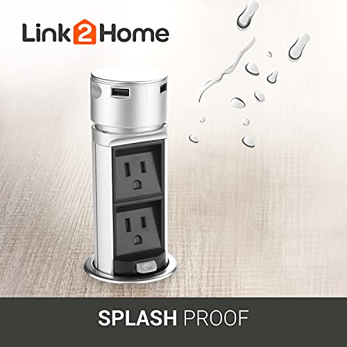 Link 2 Home Space Saver Pop Up Outlet Station with USB, 2 Power Outlets 15A, 2 USB Ports 2.4A Fast Charge Splash Resistant, Stainless-Steel Finish, for Kitchen Island, Office Table and Workshop