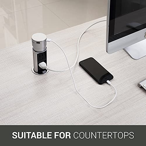 Link 2 Home Space Saver Pop Up Outlet Station with USB, 2 Power Outlets 15A, 2 USB Ports 2.4A Fast Charge Splash Resistant, Stainless-Steel Finish, for Kitchen Island, Office Table and Workshop