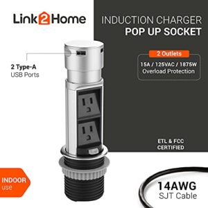 Link 2 Home Space Saver Pop Up Outlet Station with USB, 2 Power Outlets 15A, 2 USB Ports 2.4A Fast Charge Splash Resistant, Stainless-Steel Finish, for Kitchen Island, Office Table and Workshop