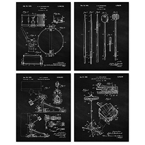 Vintage Drums Equipment Patent Prints, 4 (8x10) Unframed Photos, Wall Art Decor Gifts Under 20 for Home Office Garage Man Cave DJ Musician College Student Teacher School Rock Band Drummer Champion Fan