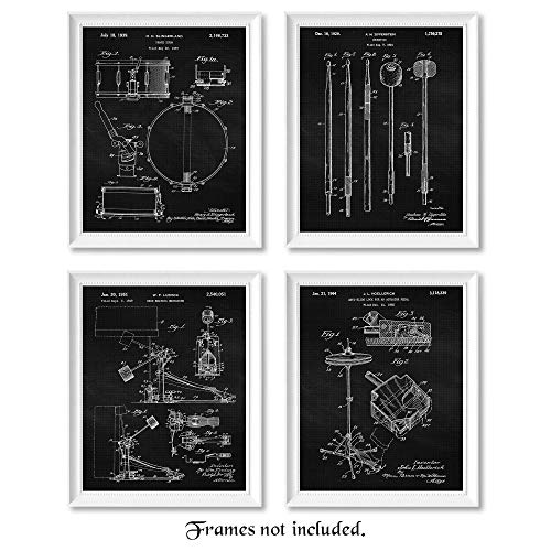 Vintage Drums Equipment Patent Prints, 4 (8x10) Unframed Photos, Wall Art Decor Gifts Under 20 for Home Office Garage Man Cave DJ Musician College Student Teacher School Rock Band Drummer Champion Fan