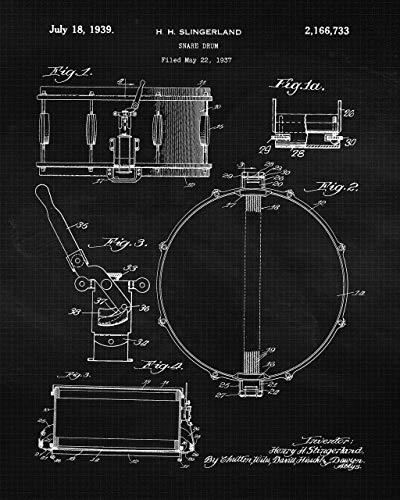 Vintage Drums Equipment Patent Prints, 4 (8x10) Unframed Photos, Wall Art Decor Gifts Under 20 for Home Office Garage Man Cave DJ Musician College Student Teacher School Rock Band Drummer Champion Fan