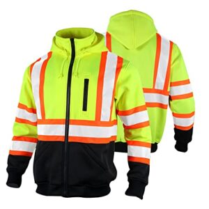 fonirra hi vis safety fleece zip hoodie for men reflective sweatshirts ansi class 3 jackets detachable hood (yellow,xl)