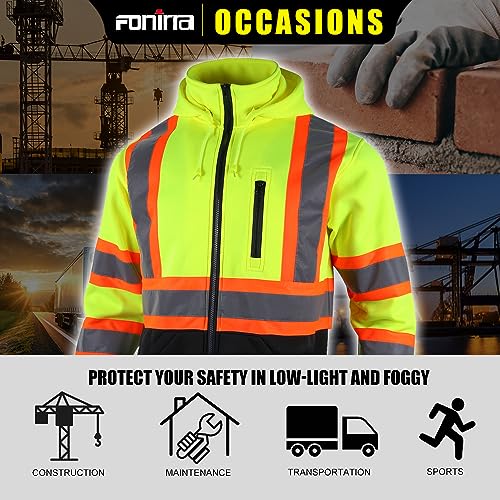 FONIRRA Hi Vis Safety Fleece Zip Hoodie for Men Reflective Sweatshirts ANSI Class 3 Jackets Detachable Hood (Yellow,XL)