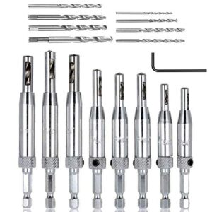 bestgle 16 in-1 center drill bit set, 8pcs 1/4" hex shank self centering hinge hole drilling tool kit for woodworking window door hinge with 1 hex key & 8 replacement drill bits & plastic storage case