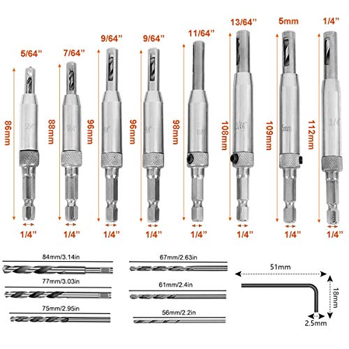 Bestgle 16 in-1 Center Drill Bit Set, 8pcs 1/4" Hex Shank Self Centering Hinge Hole Drilling Tool Kit for Woodworking Window Door Hinge with 1 Hex Key & 8 Replacement Drill Bits & Plastic Storage Case