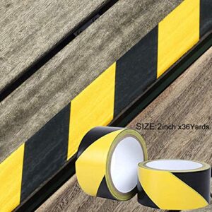 AurGun Black & Yellow Hazard Safety Warning Stripe Tape, 2inch x 108Ft High Visibility Barricade Adhesive Tape for Floor, Walls, Pipes and Equipment Marking