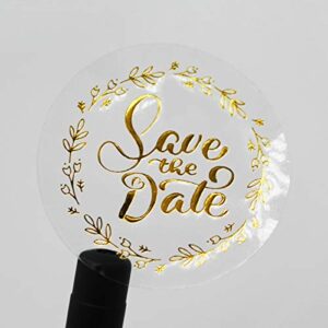 100 x save the date metal labels real gold foil embossed transparent stickers shower party invitation stickers round self adhesive vinyl labels 1.6 inch (gold)