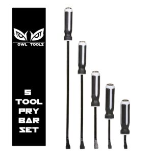 heavy duty pry bar set (5 bar set - 6, 8, 12, 18, 24 inch) metal striking hammer cap, industrial grade forged iron steel with angled tip, perfect for prying, demolition, nail puller, & crowbar