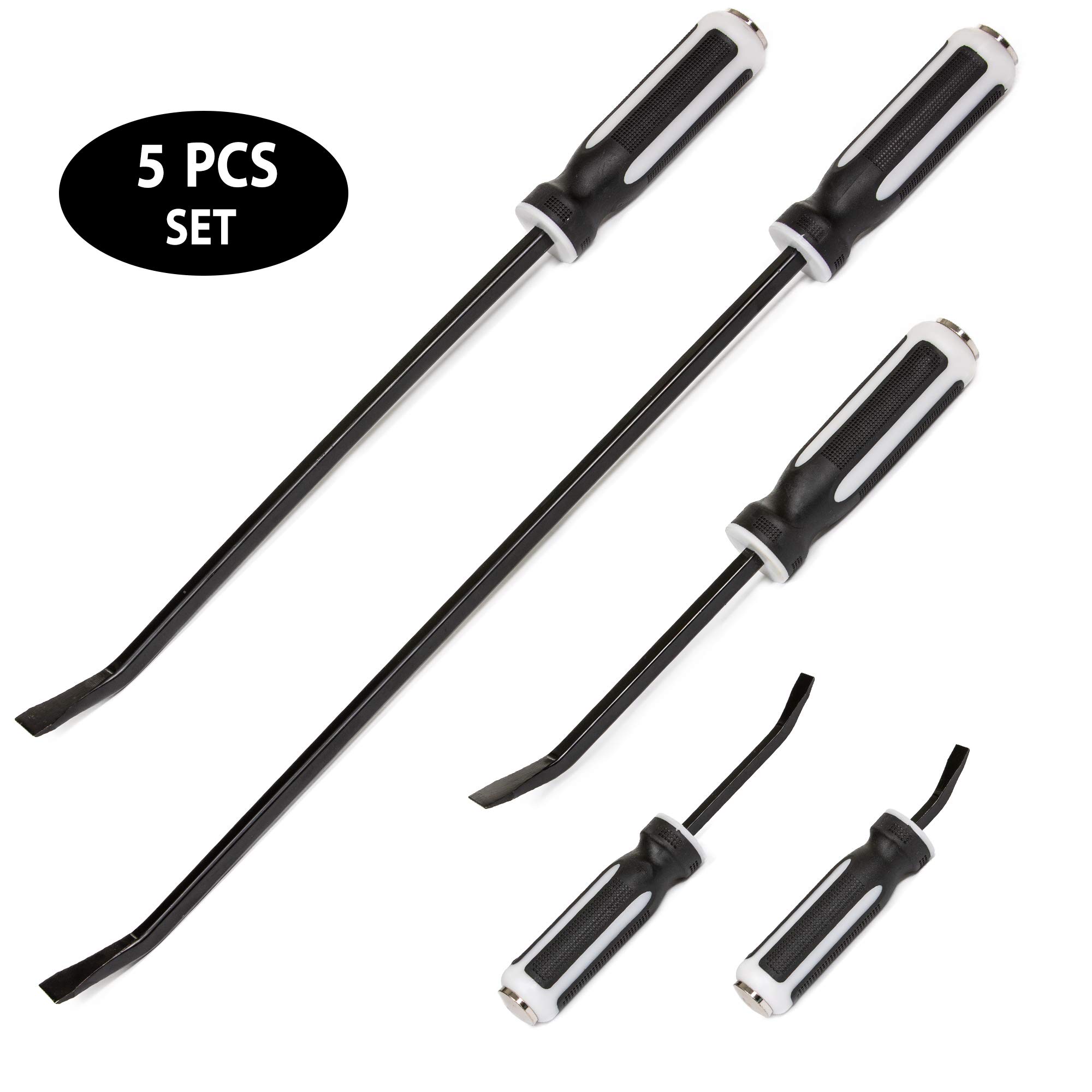 Heavy Duty Pry Bar Set (5 Bar Set - 6, 8, 12, 18, 24 Inch) Metal Striking Hammer Cap, Industrial Grade Forged Iron Steel with Angled Tip, Perfect For Prying, Demolition, Nail Puller, & Crowbar