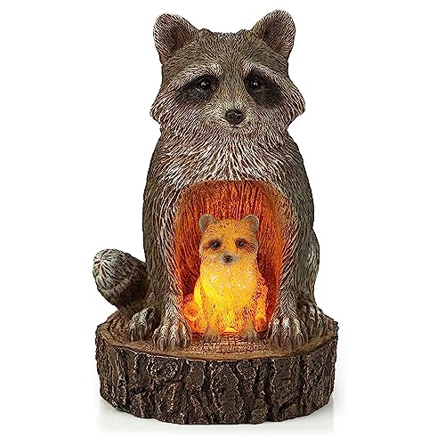 VP Home Mom and Baby Rustic Raccoons Solar Powered LED Outdoor Decor Garden Light, Racoon Statue Solar Powered Garden Light, Christmas Gifts for Outside Patio Lawn Ornament