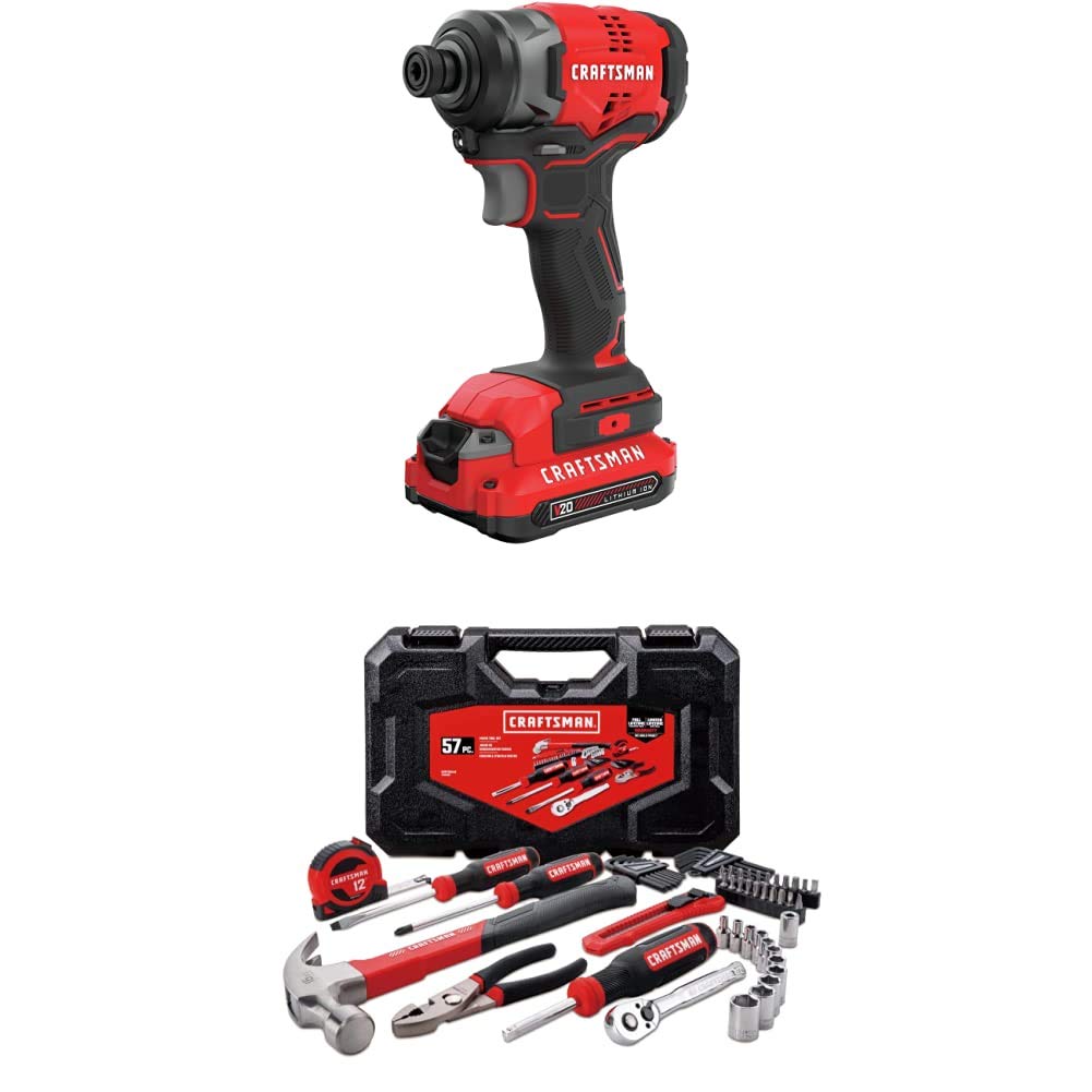 CRAFTSMAN V20 Impact Driver Kit, Cordless with Mechanics Tools Kit/Socket Set, 57-Piece (CMCF810C1 & CMMT99446)