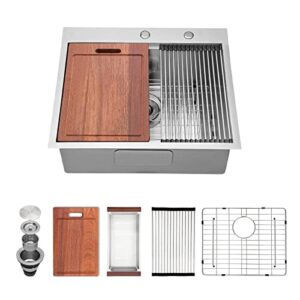 25 drop laundry sink workstation - sarlai 25x22 kitchen sink stainless steel 16 gauge top mount drop in overmount deep single bowl laundry utility sink basin