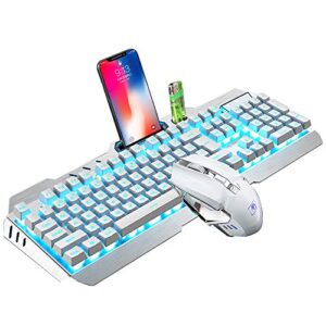 wireless gaming keyboard and mouse,blue backlit rechargeable keyboard mouse with 3800mah battery metal panel,mechanical feel keyboard and 7 color gaming mute mouse for pc gamer