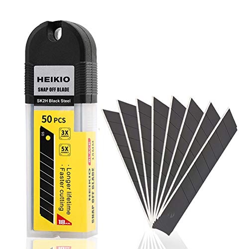 HEIKIO 18mm Snap-off Blades, 50-Pack, Quality Black Carbon Steel Made, Sharp and Durable, Heavy-duty Replacement Blade for 18mm Box Cutter and Utility Knife