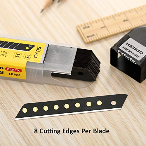 HEIKIO 18mm Snap-off Blades, 50-Pack, Quality Black Carbon Steel Made, Sharp and Durable, Heavy-duty Replacement Blade for 18mm Box Cutter and Utility Knife