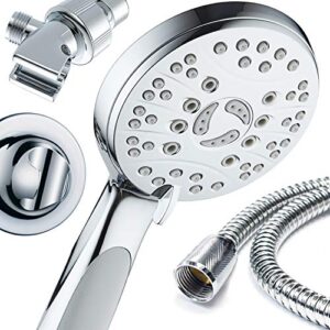 AquaSpa High Pressure 6-setting Luxury Handheld Shower Head – Extra Long 6 Foot Stainless Steel Hose – Anti Clog Jets – Anti Slip Grip – All Chrome Finish – Top US Brand – Includes Extra Wall Bracket