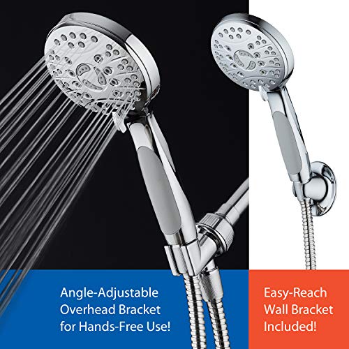 AquaSpa High Pressure 6-setting Luxury Handheld Shower Head – Extra Long 6 Foot Stainless Steel Hose – Anti Clog Jets – Anti Slip Grip – All Chrome Finish – Top US Brand – Includes Extra Wall Bracket