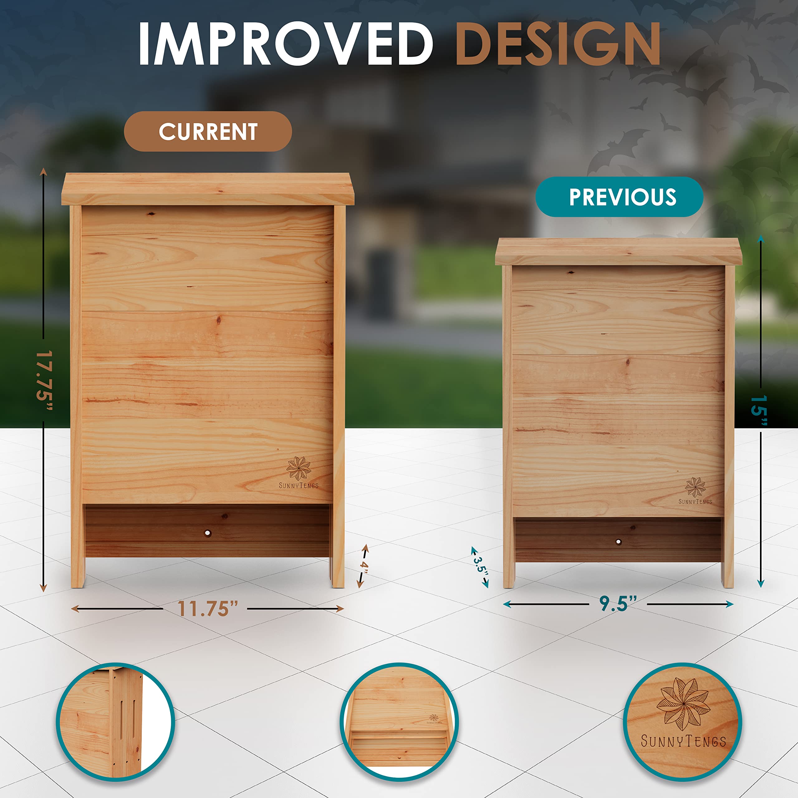 Bat Houses for Outdoors with Improved Airflow to Both Chambers - Bat Boxes for Outside with Easy Grip Surfaces- Large Bat House for a Safe Nesting Environment - Weather and Insect Resistant Cedar