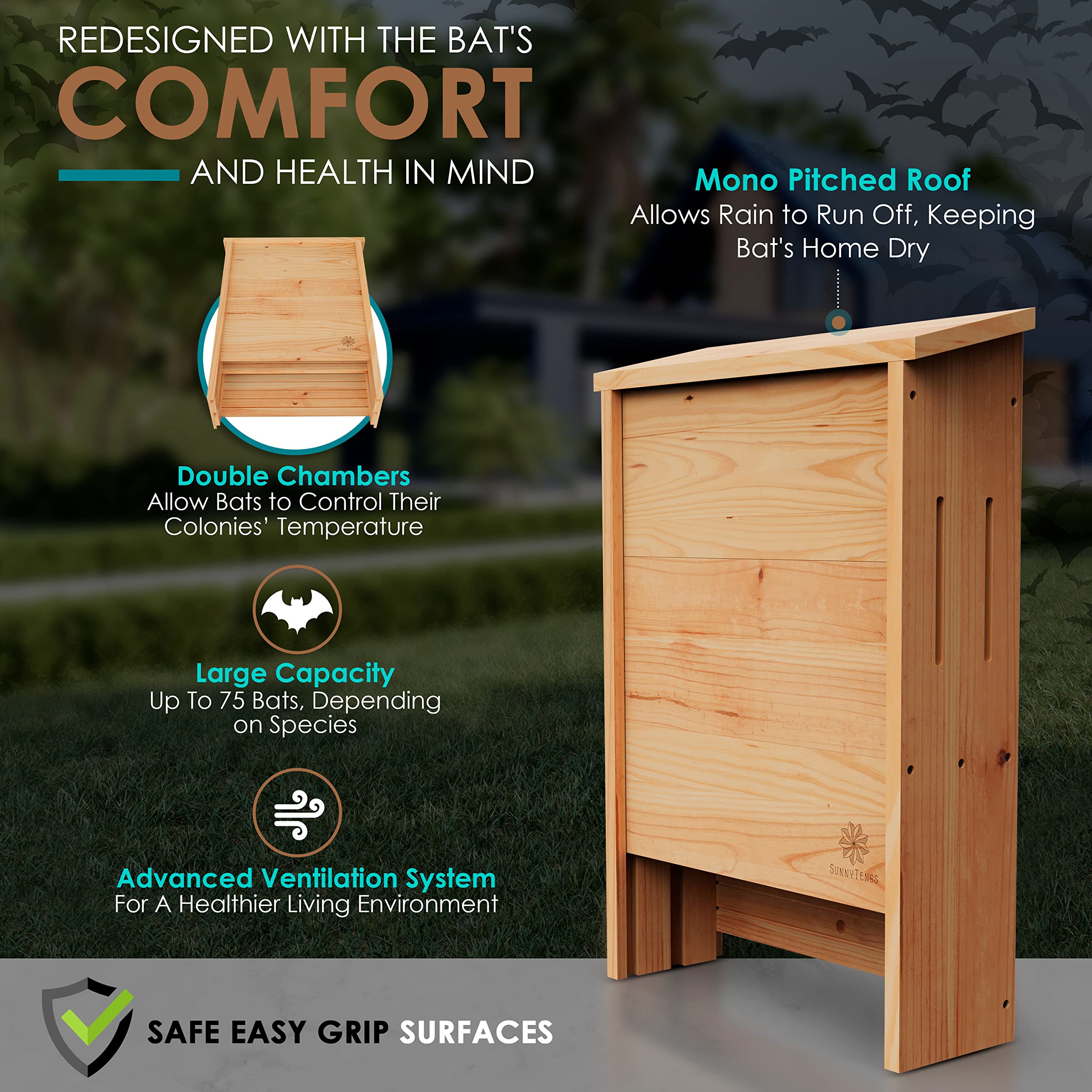 Bat Houses for Outdoors with Improved Airflow to Both Chambers - Bat Boxes for Outside with Easy Grip Surfaces- Large Bat House for a Safe Nesting Environment - Weather and Insect Resistant Cedar