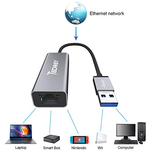 Ethernet Adapter USB 3.0 to Network, Techkey USB to RJ45 Gigabit LAN/Windows XP/for Mac OS X /10.9-11.1, 10/100/1000 Mbps Ethernet Supports Nintendo Switch/MacBook/Chromebook