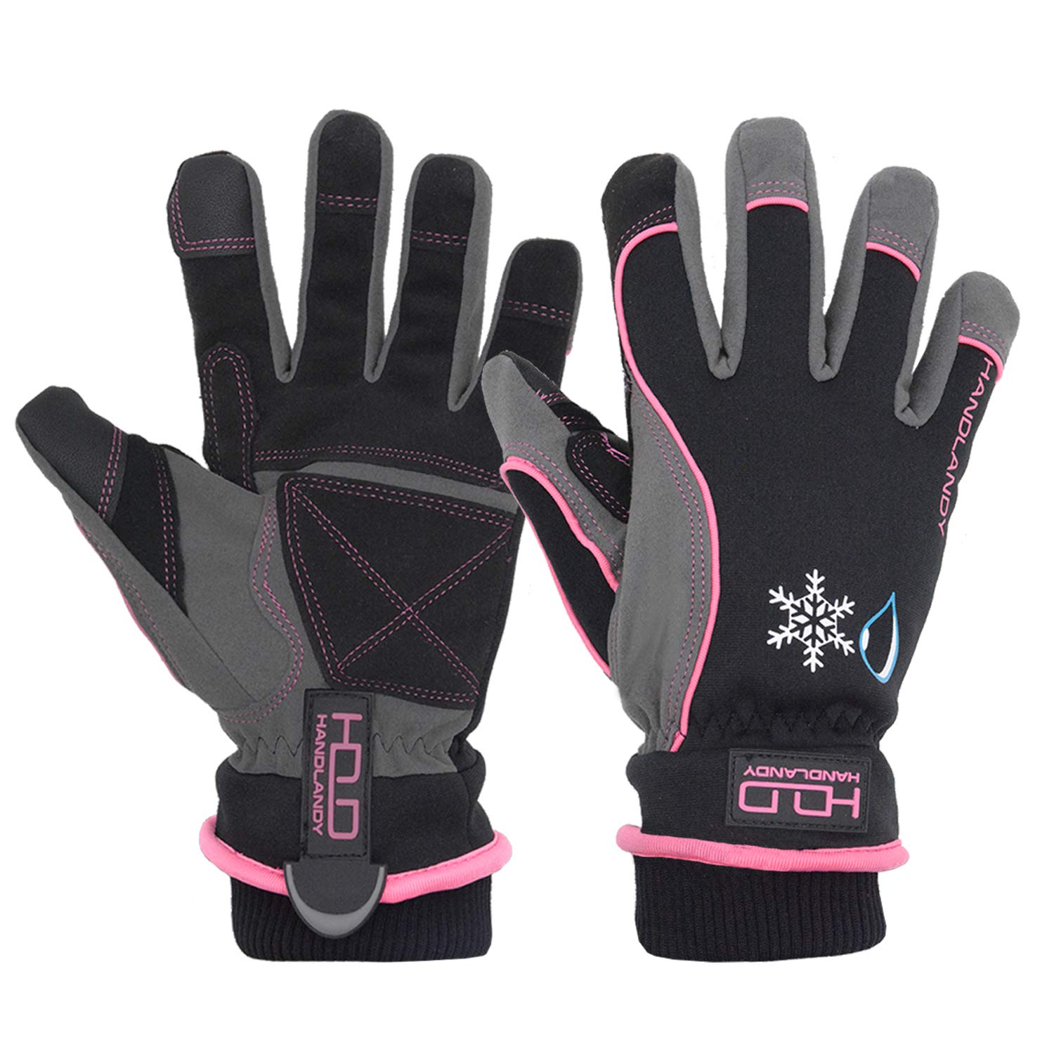 HANDLANDY Waterproof Insulated Work Gloves, 3M Thinsulate Thermal Winter Gloves for Men Women Touch Screen, Warm Ski Snowboard Cold Weather Gloves (Medium, Pink)