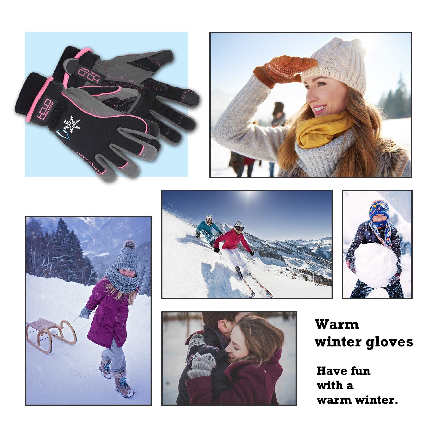 HANDLANDY Waterproof Insulated Work Gloves, 3M Thinsulate Thermal Winter Gloves for Men Women Touch Screen, Warm Ski Snowboard Cold Weather Gloves (Medium, Pink)