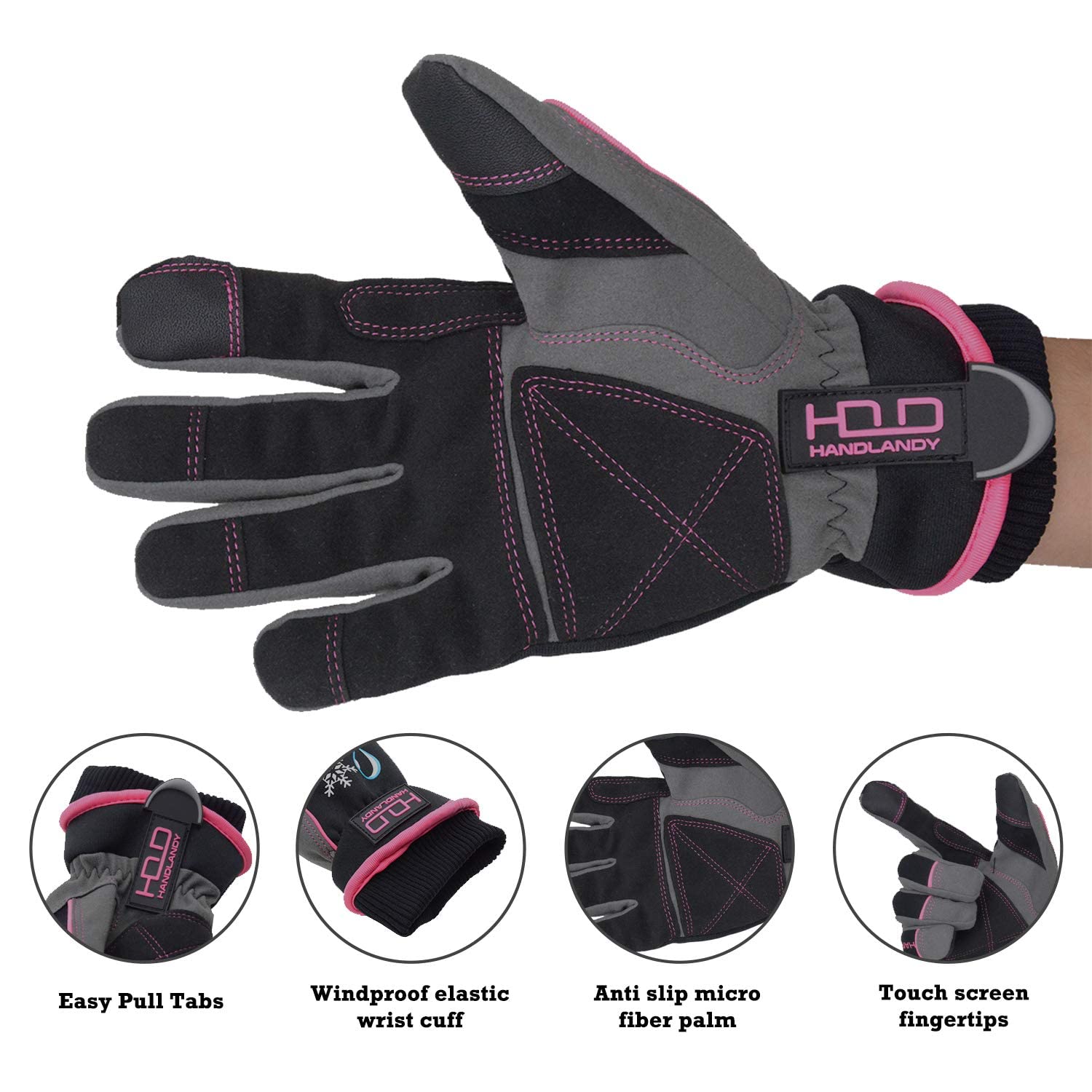 HANDLANDY Waterproof Insulated Work Gloves, 3M Thinsulate Thermal Winter Gloves for Men Women Touch Screen, Warm Ski Snowboard Cold Weather Gloves (Medium, Pink)