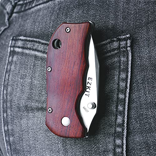 EZKIT Folding Pocket Knife, EDC Knife, 8Cr13MoV Steel, Easy One Hand Open, Wood Handle, Deep Pocket Clip, Blade Length 2.7inch