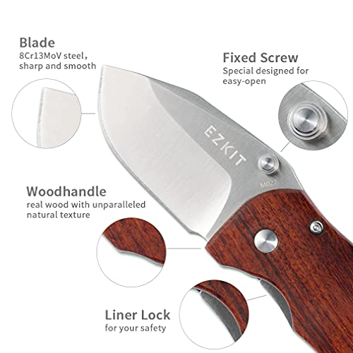 EZKIT Folding Pocket Knife, EDC Knife, 8Cr13MoV Steel, Easy One Hand Open, Wood Handle, Deep Pocket Clip, Blade Length 2.7inch