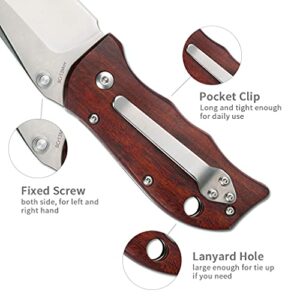 EZKIT Folding Pocket Knife, EDC Knife, 8Cr13MoV Steel, Easy One Hand Open, Wood Handle, Deep Pocket Clip, Blade Length 2.7inch