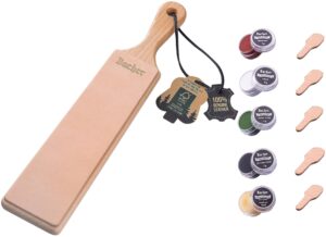 bacher premium leather strop for knife sharpening with polishing compound - double sided stropping leather – stropping kit: knife strop and stropping compound for wood carving and woodworking