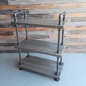industrial style bar cart with pipe and rustic wood shelves