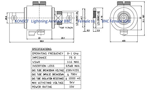 Konect Coaxial Lightning Arrestor RF Lightning Arrestor Surge Protector Adapter 1GHz BNC Female to BNC Female 230V Gas Tube