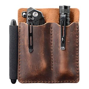 edc leather pocket organizer, pocket slip, pocket knife pouch, edc carrier, with pen loop, everyday carry organizers, full grain leather. chestnut.