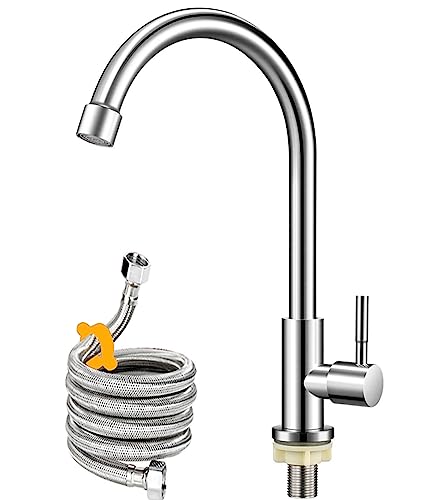 Cold Water Faucet Only,Brushed Nickel Stainless Steel Single Handle Single Hole Faucet High Arc Cold Water Sink Faucet for Kitchen,Outdoor, Garden and Bar.(Free Cold Water Supply Lines)