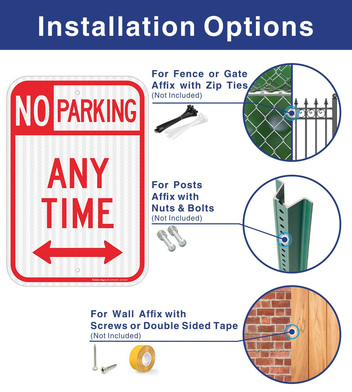 No Parking Anytime Sign with Arrows, No Parking Sign, 18 x 12 Inches Engineer Grade Reflective Sheeting Rust Free Aluminum, Weather Resistant, Waterproof, Durable Ink, Easy to Mount