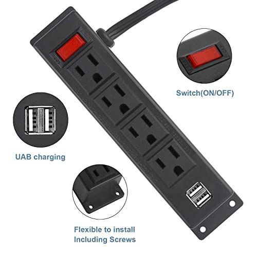 Wall Mount Power Strip with 4 Outlet, Mountable Power Strip with 2 USB Ports, 4-Port Under Desk Mount Connect with 6FT Power Cord, for Workbench, Nightstand, Dresser, Table.