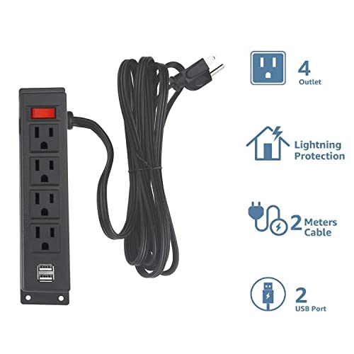 Wall Mount Power Strip with 4 Outlet, Mountable Power Strip with 2 USB Ports, 4-Port Under Desk Mount Connect with 6FT Power Cord, for Workbench, Nightstand, Dresser, Table.