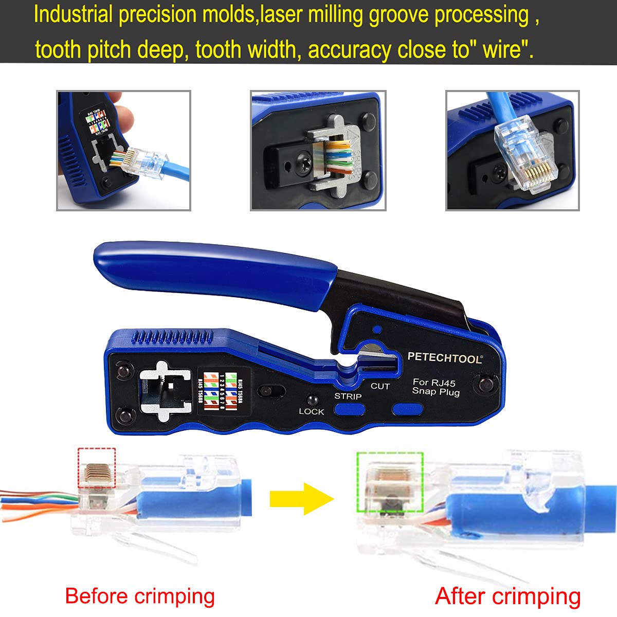 RJ45 Crimp Tool Kit All-in-one Ethernet Crimping Tool Wire Crimper Stripper Cutter for Cat5e Cat6 Cat6a Pass Thrugh Connectors with 10 pieces Cat6 Connectors and 1 piece mini wire stripper