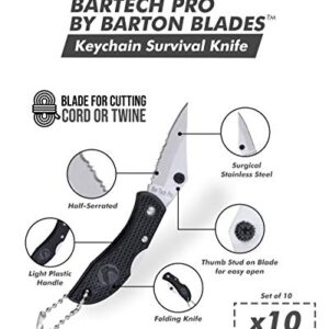 Keychain Knife - Surgical Stainless Steel Half-Serrated 1 7/8" Blade for Cutting Cord or Twine - Light Plastic Handle - 2 1/2" Folded, 4 1/4" Open - Set of 10