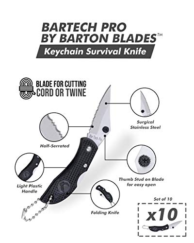 Keychain Knife - Surgical Stainless Steel Half-Serrated 1 7/8" Blade for Cutting Cord or Twine - Light Plastic Handle - 2 1/2" Folded, 4 1/4" Open - Set of 10