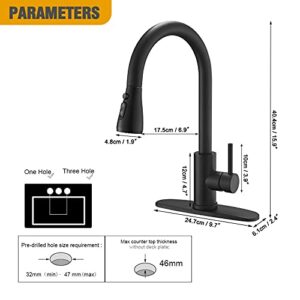 BESy Brass Single Handle Kitchen Faucet with Pull Down Sprayer,Rv High-Arc Kitchen Sink Faucet with Pull Out Sprayer,Single Lever 3 Function Laundry Room Faucet,Matte Black (1 or 3 Hole)