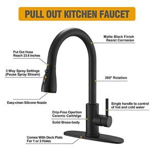 BESy Brass Single Handle Kitchen Faucet with Pull Down Sprayer,Rv High-Arc Kitchen Sink Faucet with Pull Out Sprayer,Single Lever 3 Function Laundry Room Faucet,Matte Black (1 or 3 Hole)