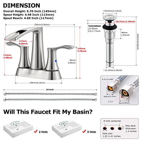 PARLOS 2 Handles Waterfall Bathroom Faucet with Metal Pop-up Drain and Faucet Supply Lines, Brushed Nickel, Demeter 1431702