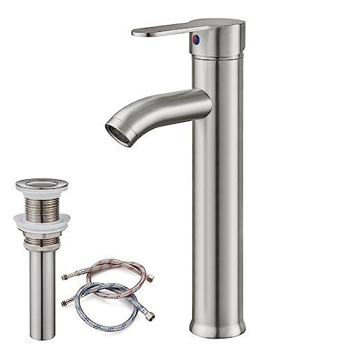 gotonovo Bathroom Sink Faucet Lavatory Vanity Mixer Bar Tap Combo Single Hole Single Handle Deck Mount with Water Supply Lines Brushed Nickel Vessel with Metal Pop Up Drain