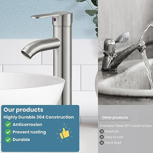gotonovo Bathroom Sink Faucet Lavatory Vanity Mixer Bar Tap Combo Single Hole Single Handle Deck Mount with Water Supply Lines Brushed Nickel Vessel with Metal Pop Up Drain