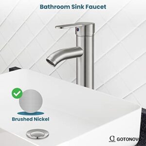 gotonovo Bathroom Sink Faucet Lavatory Vanity Mixer Bar Tap Combo Single Hole Single Handle Deck Mount with Water Supply Lines Brushed Nickel Vessel with Metal Pop Up Drain