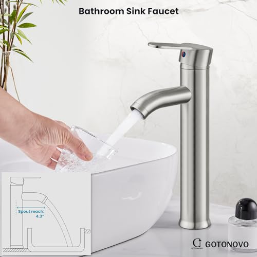 gotonovo Bathroom Sink Faucet Lavatory Vanity Mixer Bar Tap Combo Single Hole Single Handle Deck Mount with Water Supply Lines Brushed Nickel Vessel with Metal Pop Up Drain